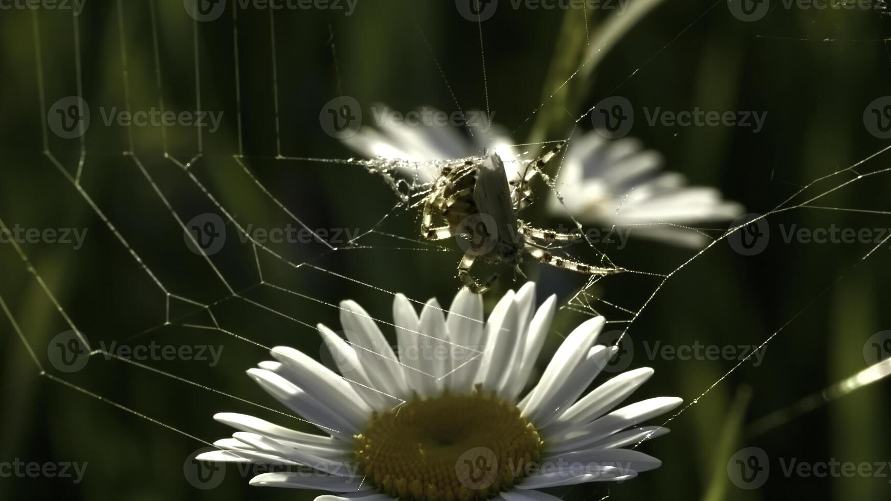 dichtbij omhoog van madeliefje bloem met een spin en web Aan groen veld- achtergrond. creatief. onscherp zomer veld, insect, en bloemen. foto