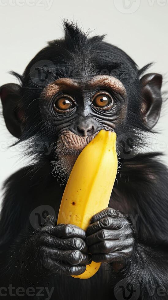 ai gegenereerd portret van een aap houden een banaan , genereren ai foto