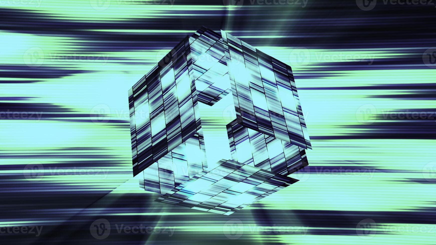 gloeiend kubus opent in cyberruimte. beweging. virtueel 3d kubus opent net zo prijs in spel. leeg kubus gloeit en flikkert helder in virtueel spel foto