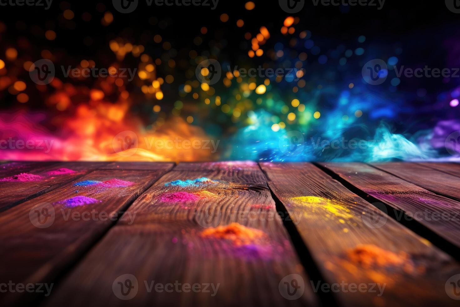 ai gegenereerd kleurrijk holi poeders Aan een top tafel met bokeh lichten voor mockup , ai generatief foto