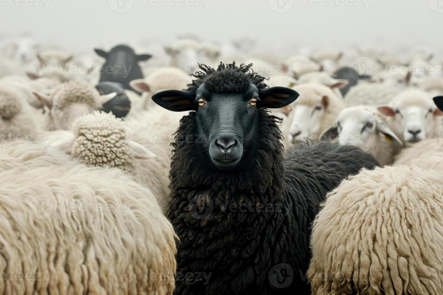 ai gegenereerd een kudde van wit schapen met zwart in de midden. generatief ai foto