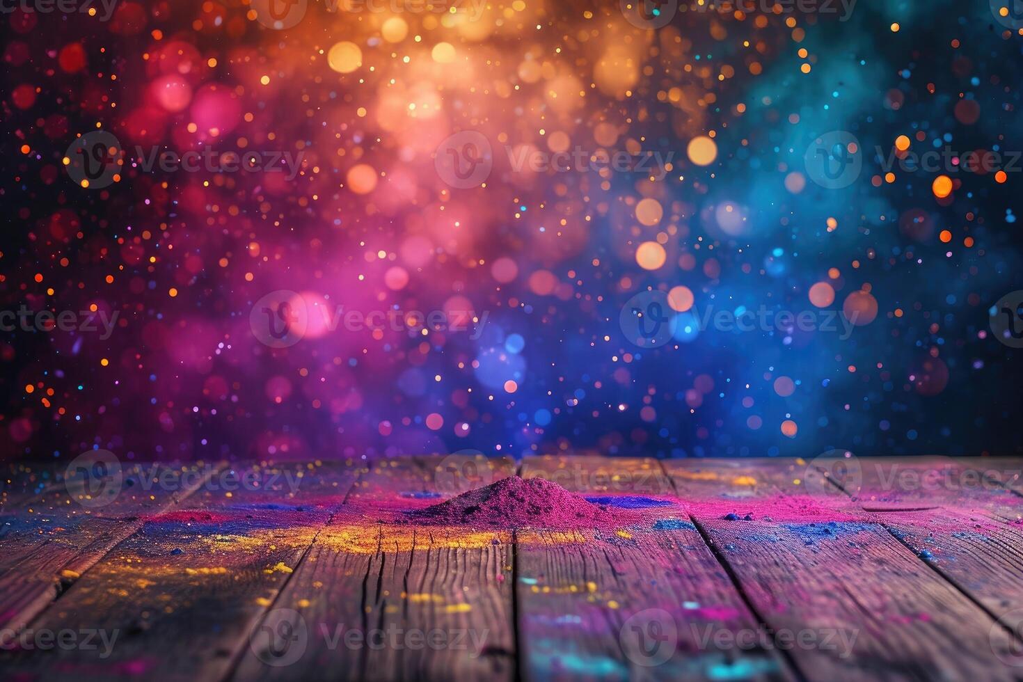 ai gegenereerd kleurrijk holi poeders Aan een top tafel met bokeh lichten voor mockup , ai generatief foto