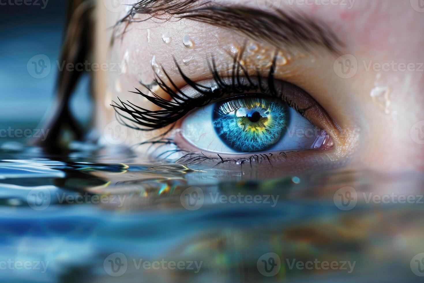 ai gegenereerd illustratie van een vrouw oog bovenstaand de oppervlakte van water foto