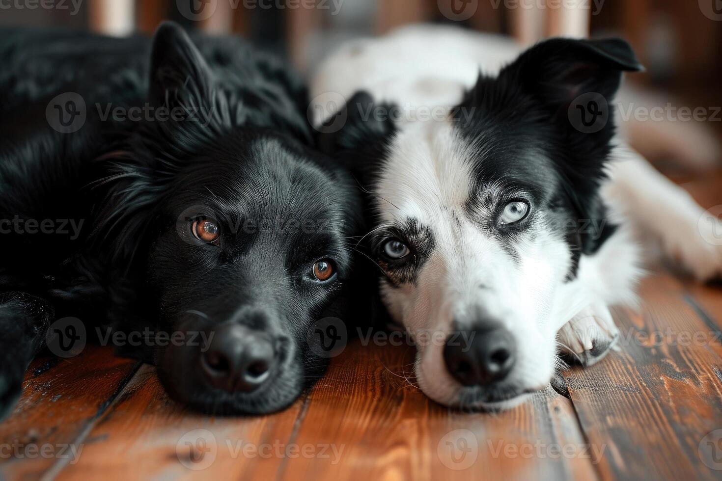 ai gegenereerd wit hond en zwart kat op zoek Bij de camera aan het liegen samen Aan de vloer.ai generatief foto