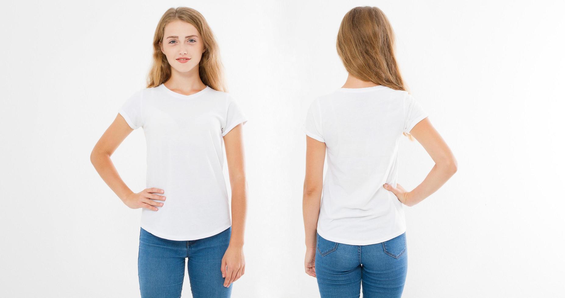 voor- en achterkant uitzicht op jonge blanke meisje vrouw in stijlvol t-shirt op witte achtergrond. bespotten voor ontwerp. ruimte kopiëren. sjabloon. blank foto