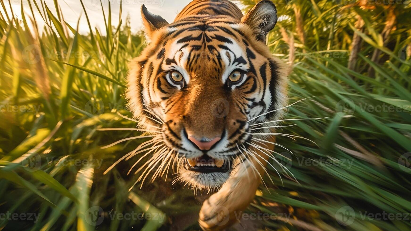 ai gegenereerd dichtbij omhoog van een Bengalen tijger in de oerwoud. foto