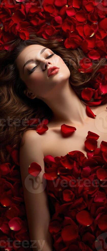 ai gegenereerd dame in een rood jurk aan het liegen Aan de verdieping met rood roos bloemblaadjes achtergrond in Valentijn dag concept foto