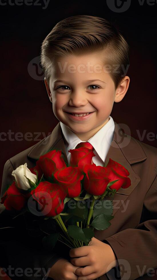 ai gegenereerd een jongen met roos boeket en mooi glimlach voor valentijnsdag concept foto