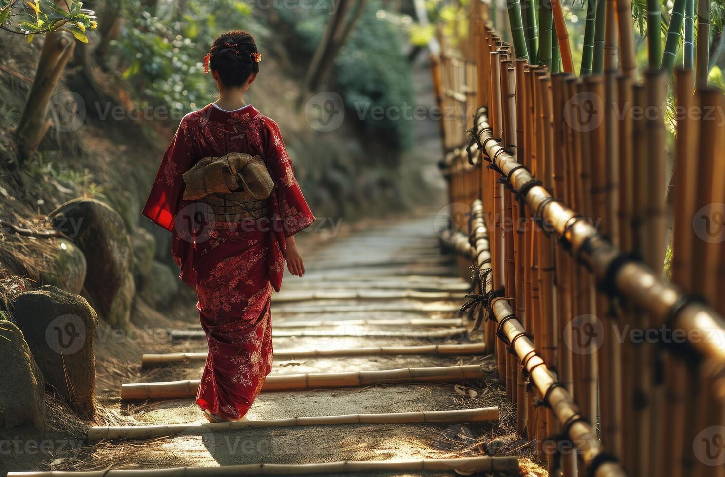 ai gegenereerd bamboe Woud. Aziatisch vrouw vervelend Japans traditioneel kimono Bij bamboe Woud foto