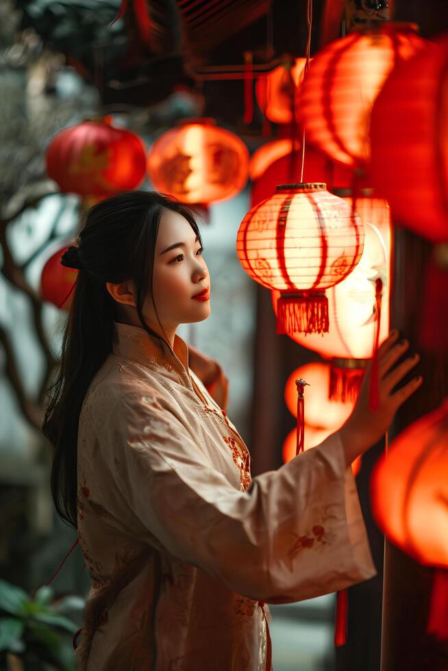 ai gegenereerd lantaarn magie dame verlichting omhoog de geest van Chinese nieuw jaar foto
