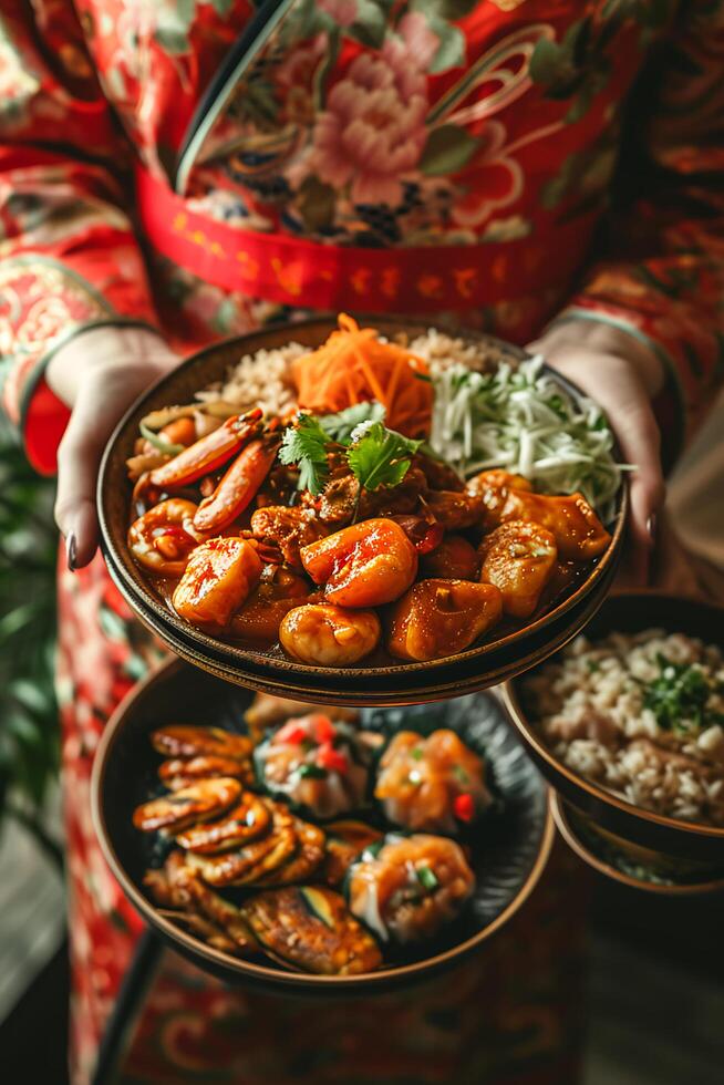 ai gegenereerd culinaire elegantie vrouw houdt een bord van Chinese nieuw jaar geneugten foto