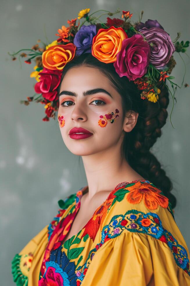 ai gegenereerd stralend elegantie vrouw in kleurrijk Mexicaans geïnspireerd kleding foto