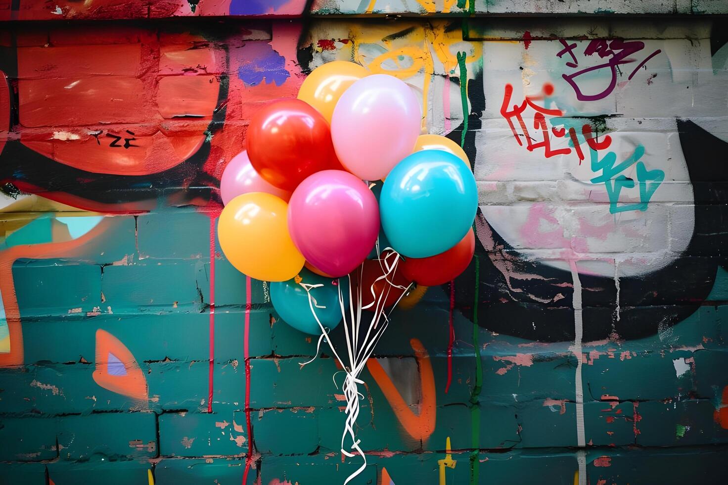 ai gegenereerd stedelijk uitstraling ballonnen in een bundel knallen tegen een levendig graffiti muur foto