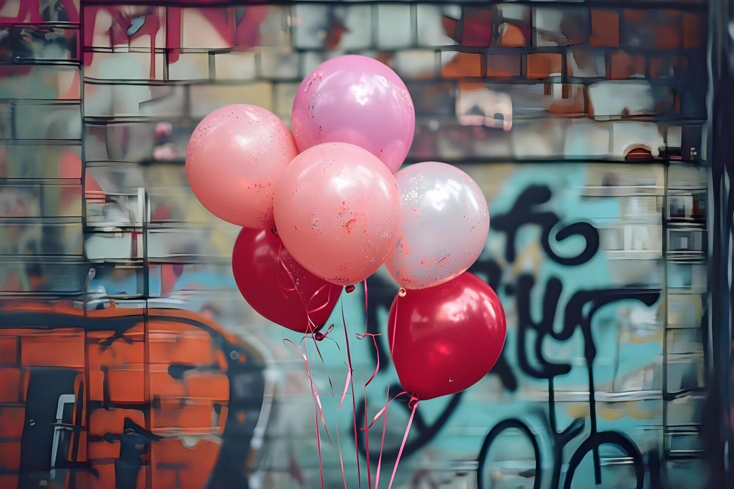 ai gegenereerd stedelijk uitstraling ballonnen in een bundel knallen tegen een levendig graffiti muur foto