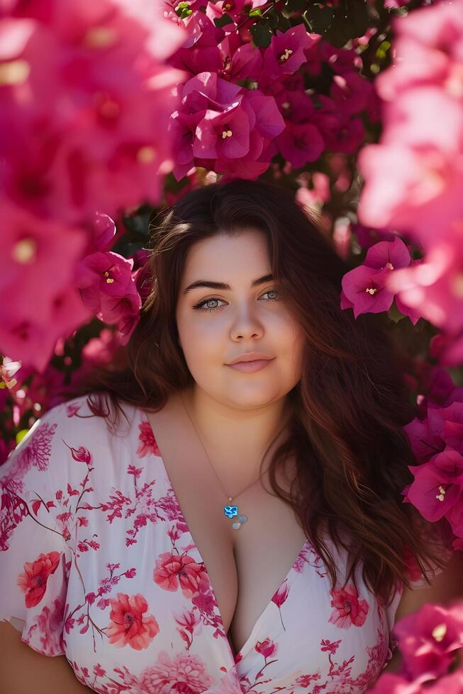 ai gegenereerd bloeiend elegantie voorjaar schoonheid banier met vrouw temidden van bougainvillea foto