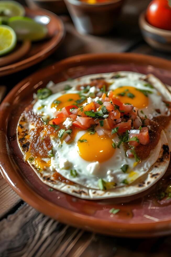 ai gegenereerd ranch-stijl ochtend- huevos rancheros Aan rustiek terracotta foto