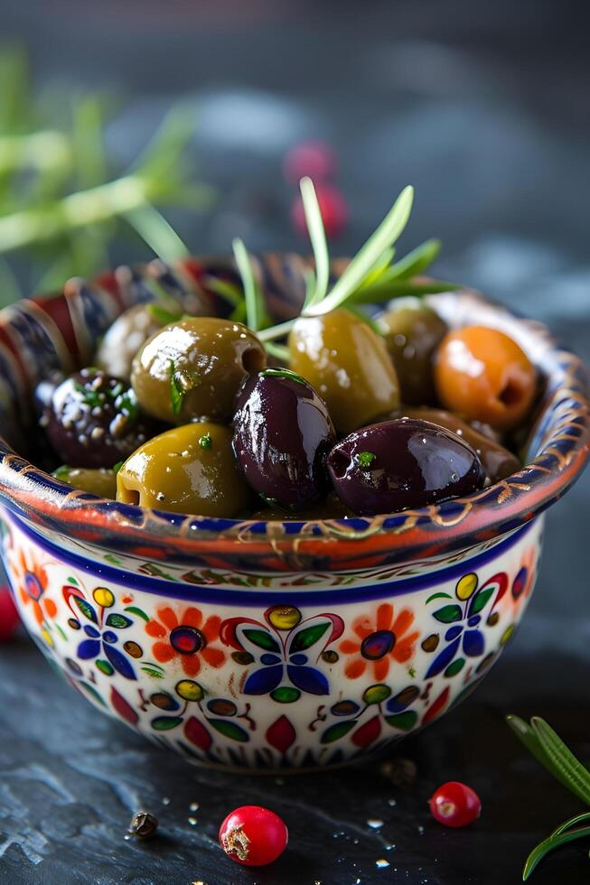 ai gegenereerd meze harmonie gemarineerd olijven mengen in folk-patroon kom foto