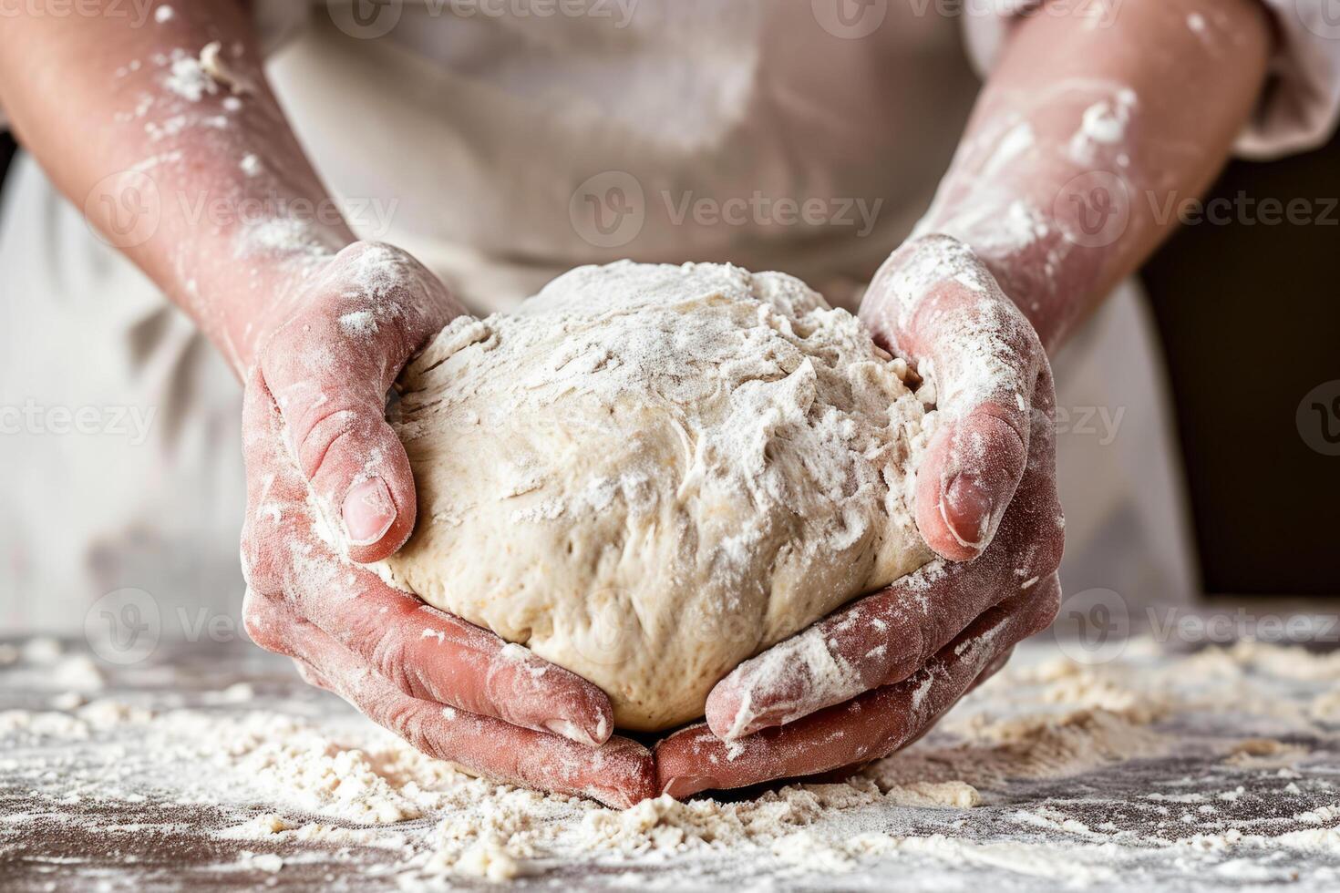 ai gegenereerd bakker chef is maken met meel brood van deeg. kneden deeg. generatief ai foto