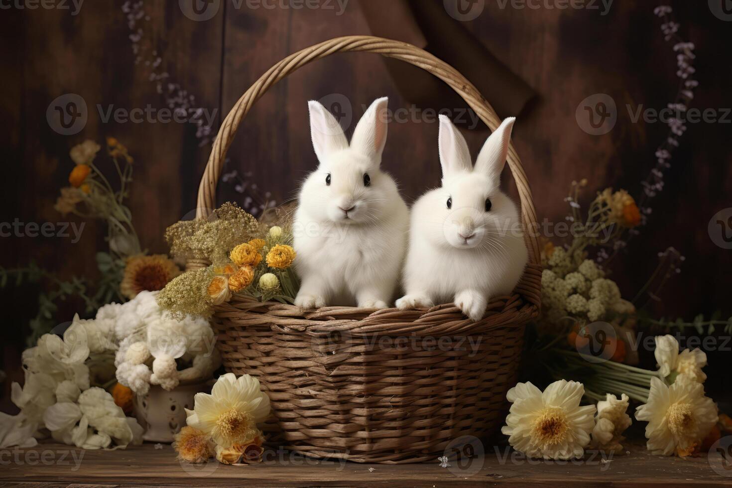 ai gegenereerd twee wit konijnen zittend in een mand Aan houten tafel met bloemen. Pasen kaart. generatief ai foto