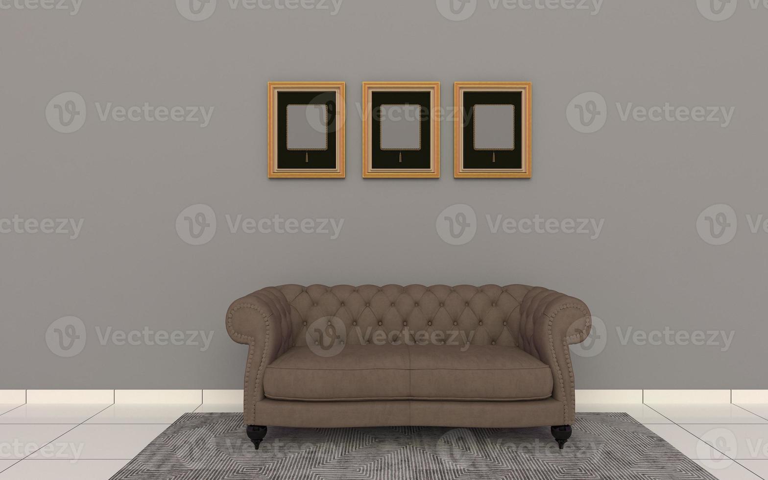 3D-gerenderd van interieur moderne woonkamer met bank - bank en tafel realistische mockup foto