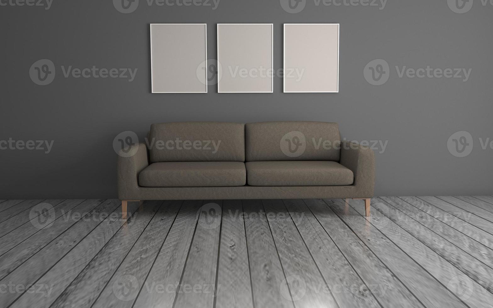 3D-gerenderd van interieur moderne woonkamer met bank - bank en tafel realistische mockup foto