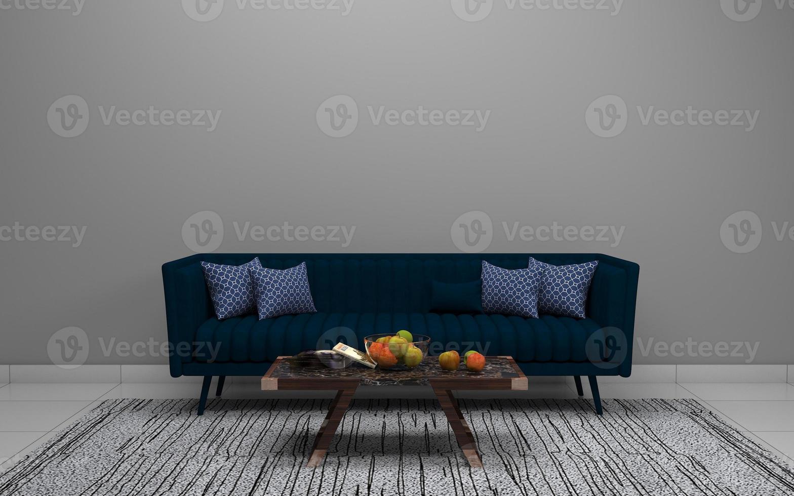 3D-gerenderd van interieur moderne woonkamer met bank - bank en tafel realistische mockup foto