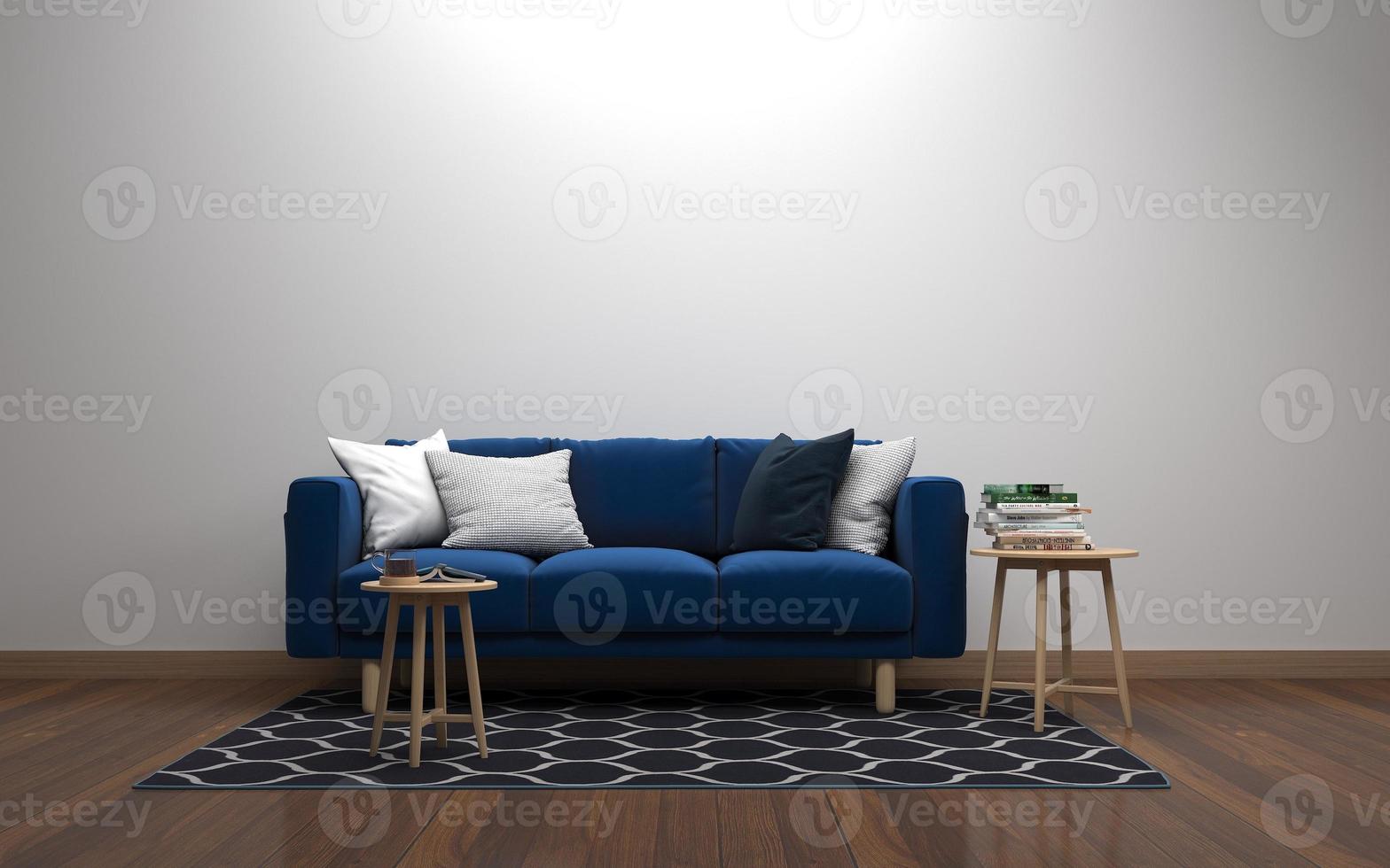 3D-gerenderd van interieur moderne woonkamer met bank - bank en tafel realistische mockup foto