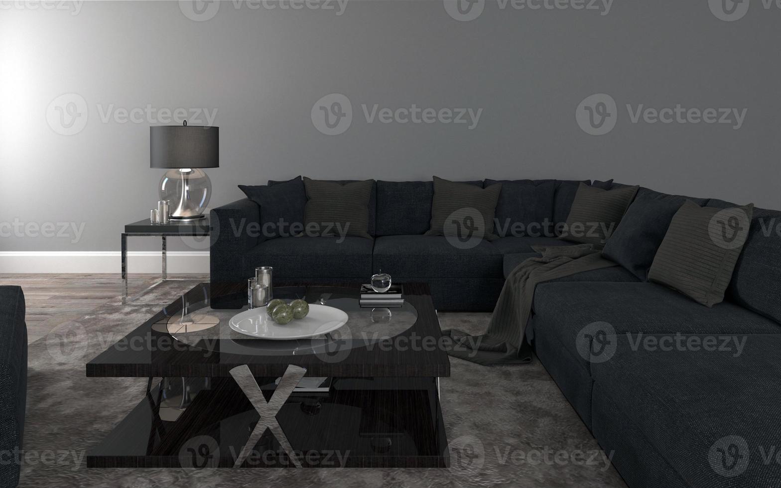 realistische mockup van 3D-weergave van interieur van moderne woonkamer met bank - bank en tafel foto