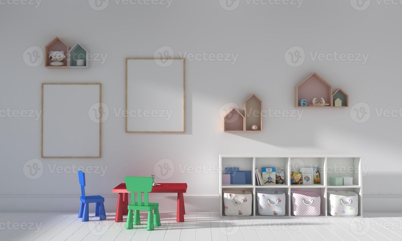 kinderkamer, speelhuis, kindermeubels met speelgoed en framemodel foto