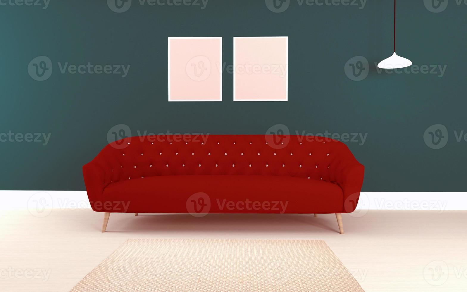 realistische mockup van 3D-weergave van interieur van moderne woonkamer met bank - bank en tafel foto