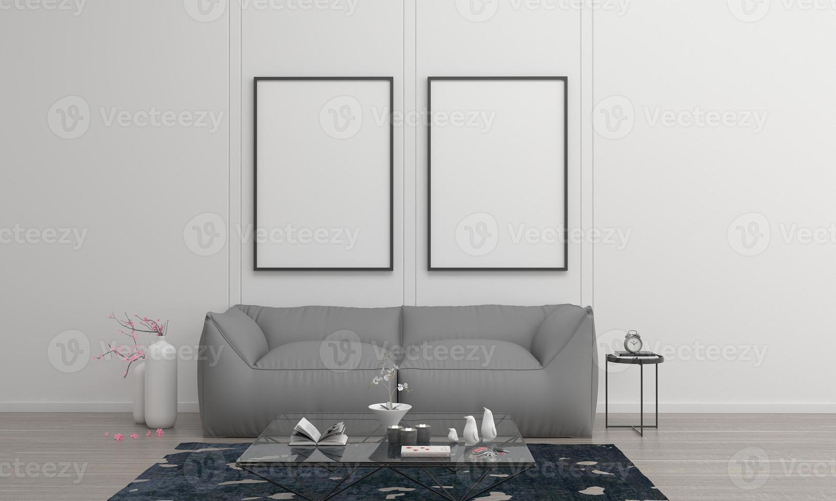 3D-gerenderde interieur moderne woonkamer frame met bank - bank en tafel foto