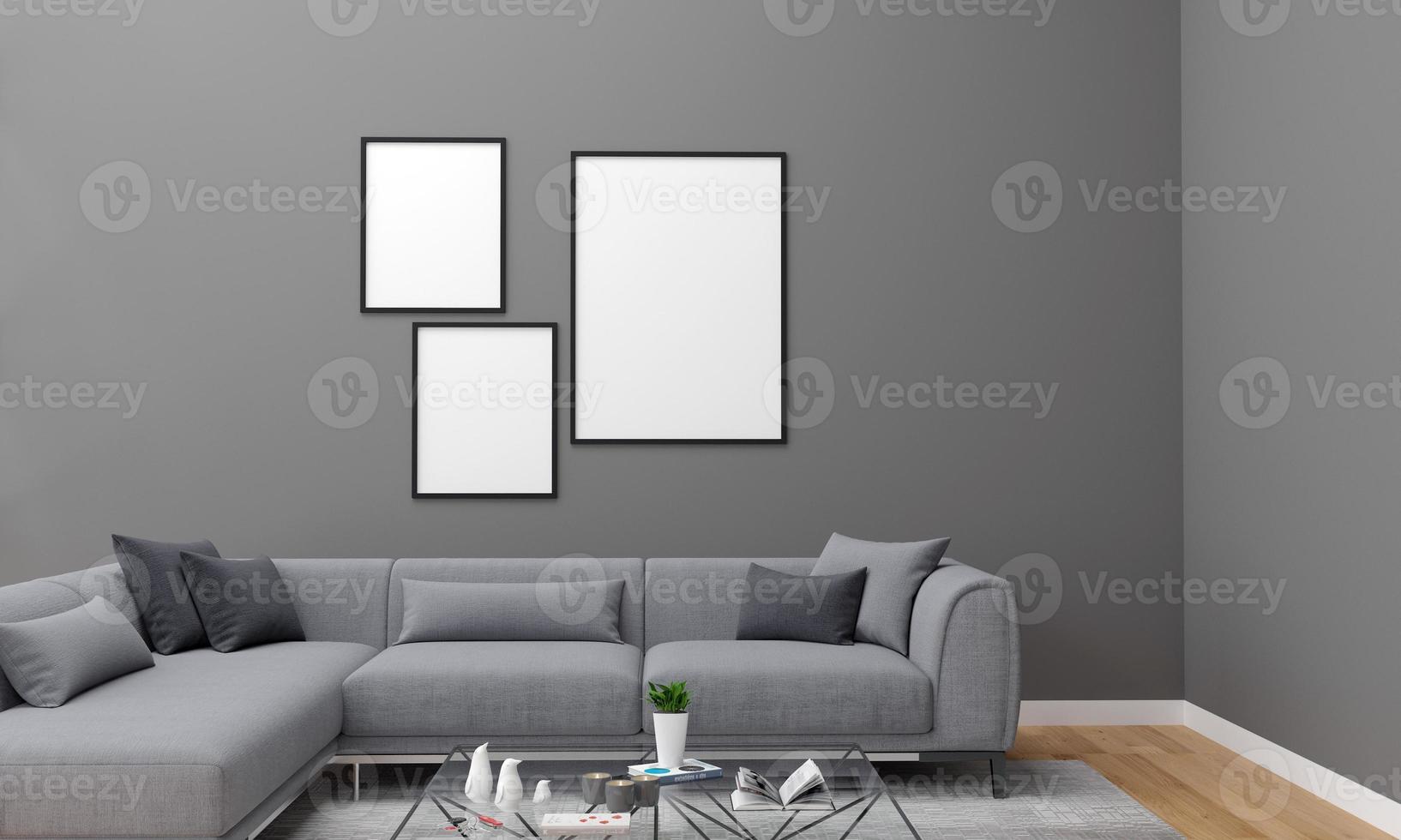 realistische mockup 3D-gerenderde interieur van moderne woonkamer met bank - bank en tafel foto