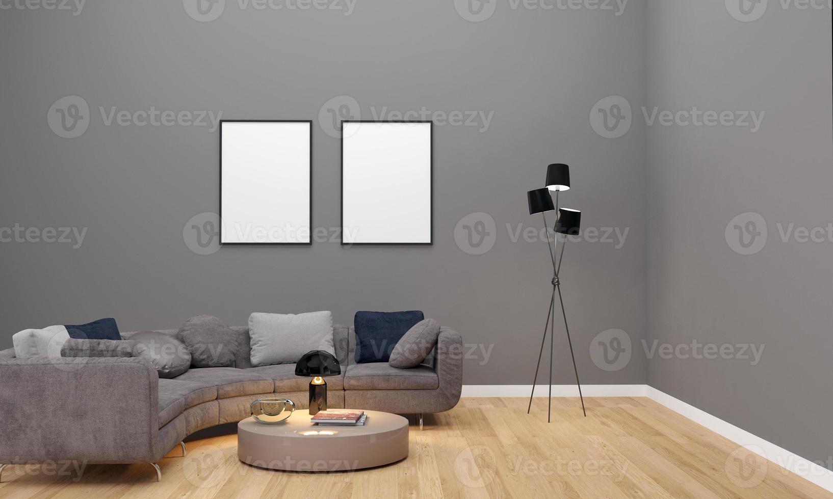 realistische mockup 3D-gerenderde interieur van moderne woonkamer met bank - bank en tafel foto