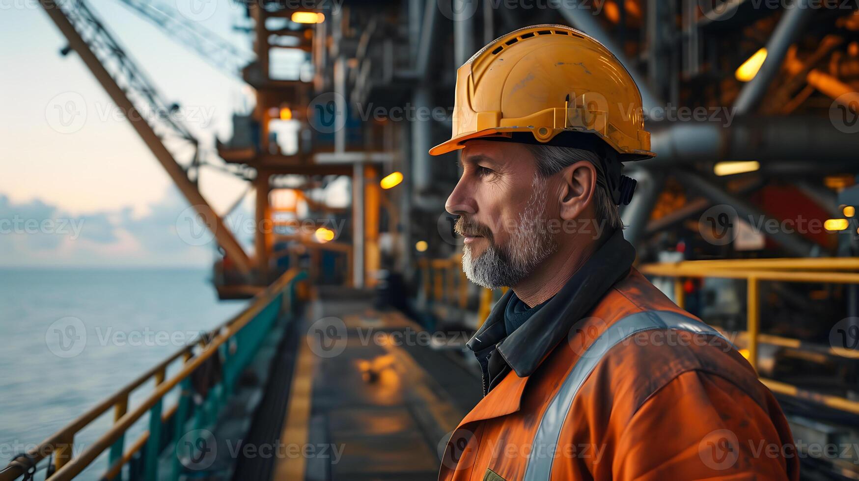 ai gegenereerd Kaukasisch industrieel arbeider in de olie buis station Bij zee foto