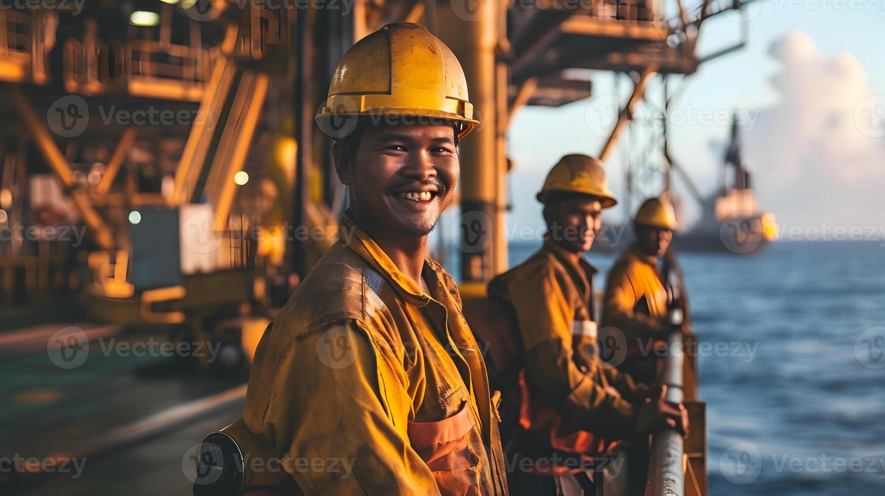 ai gegenereerd Aziatisch industrieel arbeiders in de olie buis station Bij zee foto