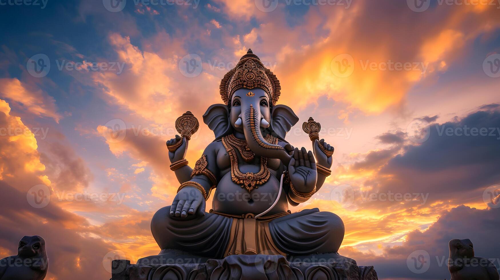 ai gegenereerd heer ganesha beeldhouwwerk Bij mooi zonsondergang. godin ganesh festival. foto