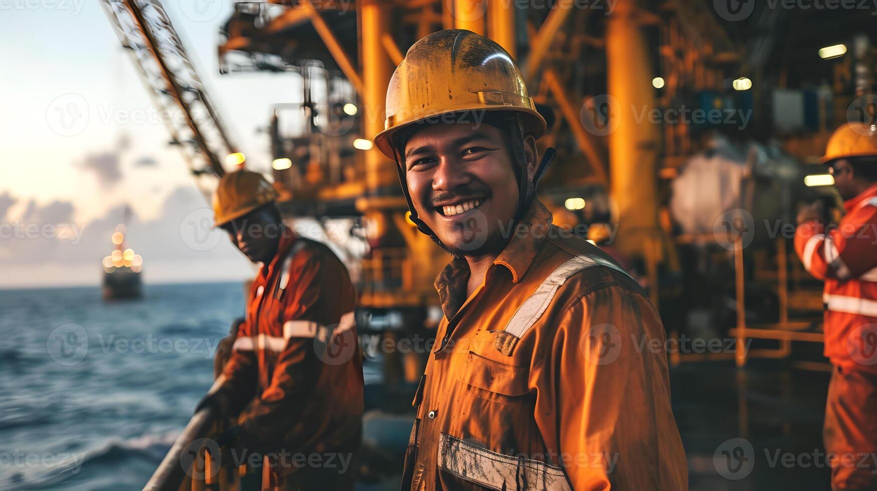 ai gegenereerd Aziatisch industrieel arbeiders in de olie buis station Bij zee foto