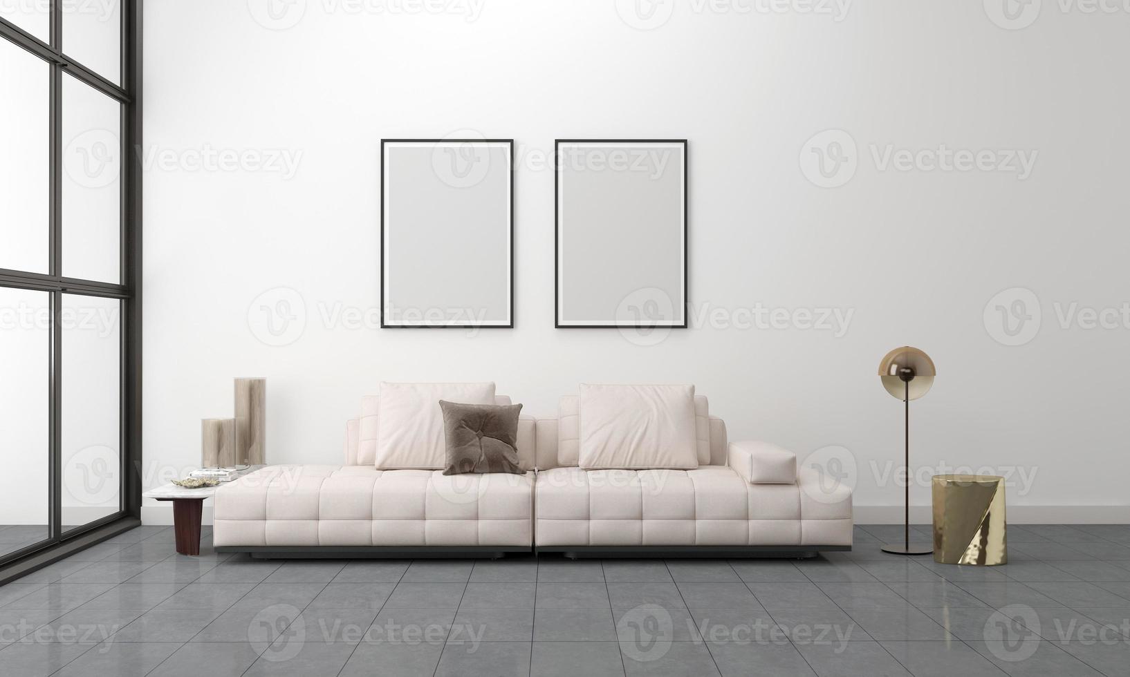 realistische mockup 3D-gerenderde interieur van moderne woonkamer met bank - bank en tafel foto