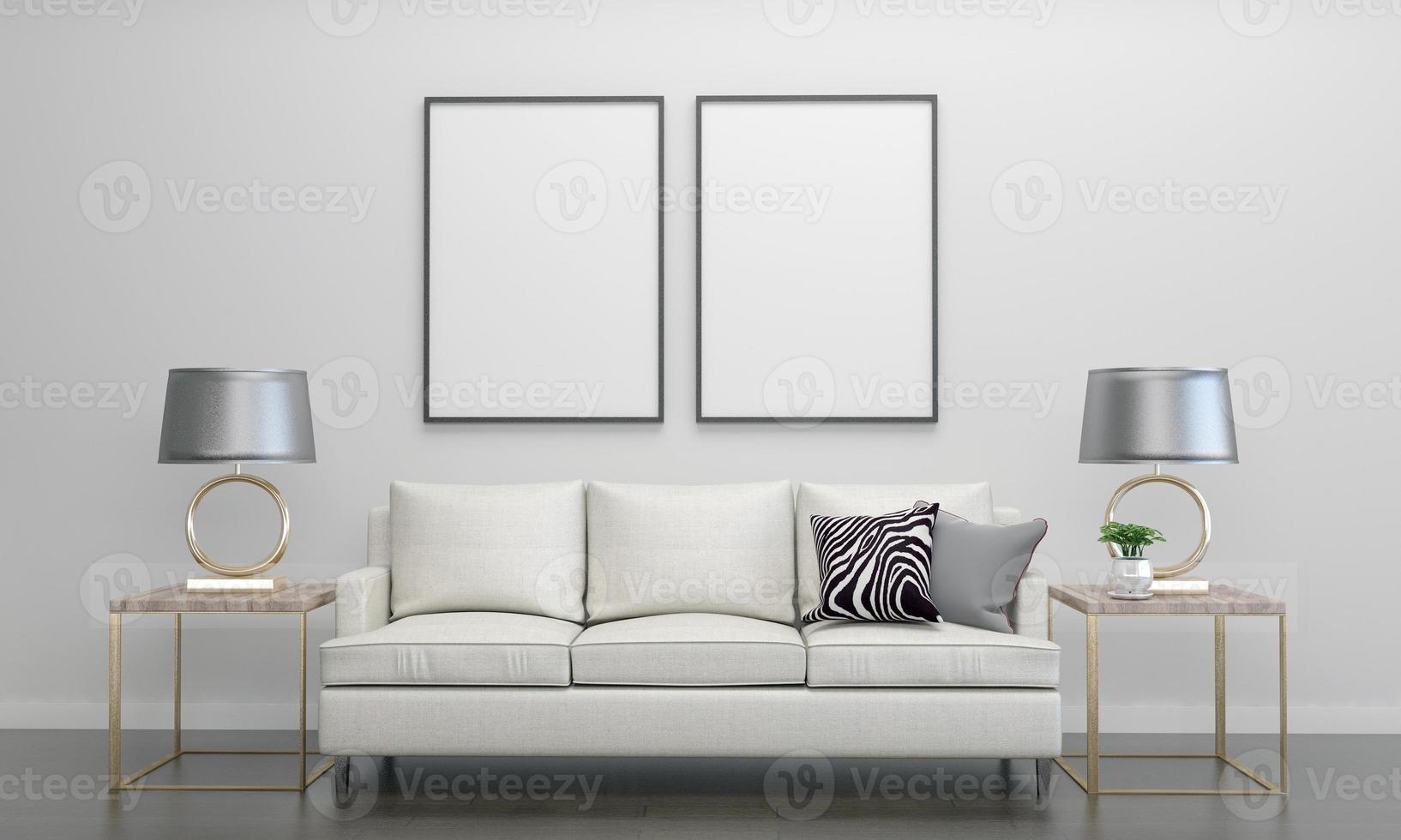 realistische mockup 3D-gerenderde interieur van moderne woonkamer met bank - bank en tafel foto