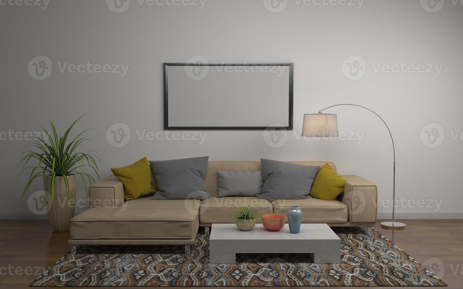 3D-gerenderd van interieur moderne woonkamer met bank - bank en tafel realistische mockup foto