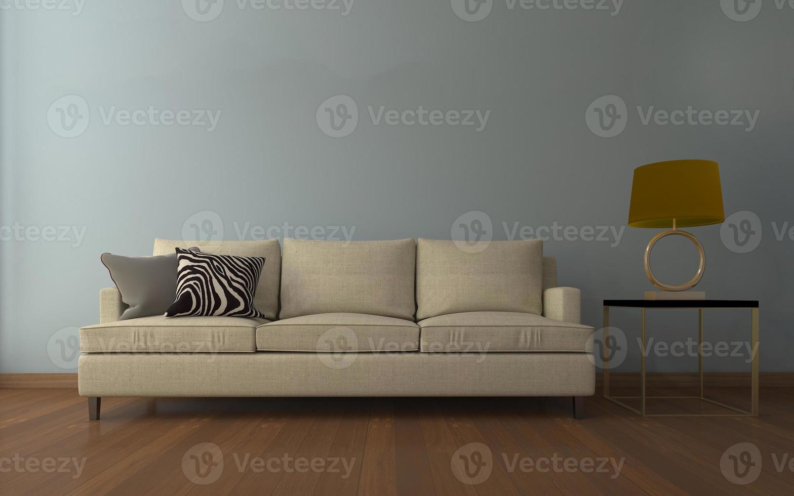 3D-gerenderd van interieur moderne woonkamer met bank - bank en tafel realistische mockup foto