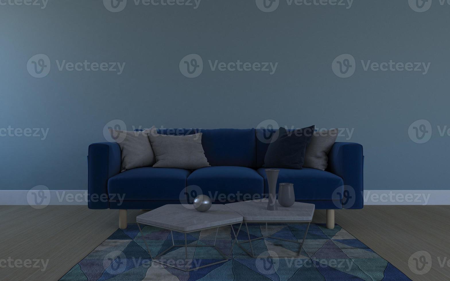 3D-gerenderd van interieur moderne woonkamer met bank - bank en tafel realistische mockup foto