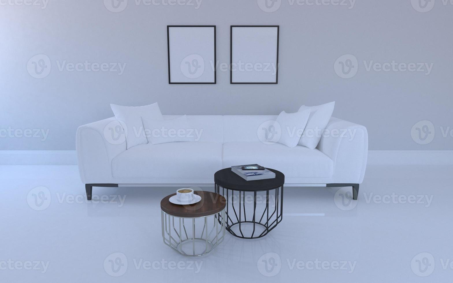 luxe mockup van 3D-weergave van interieur van moderne woonkamer met bank - bank en tafel foto