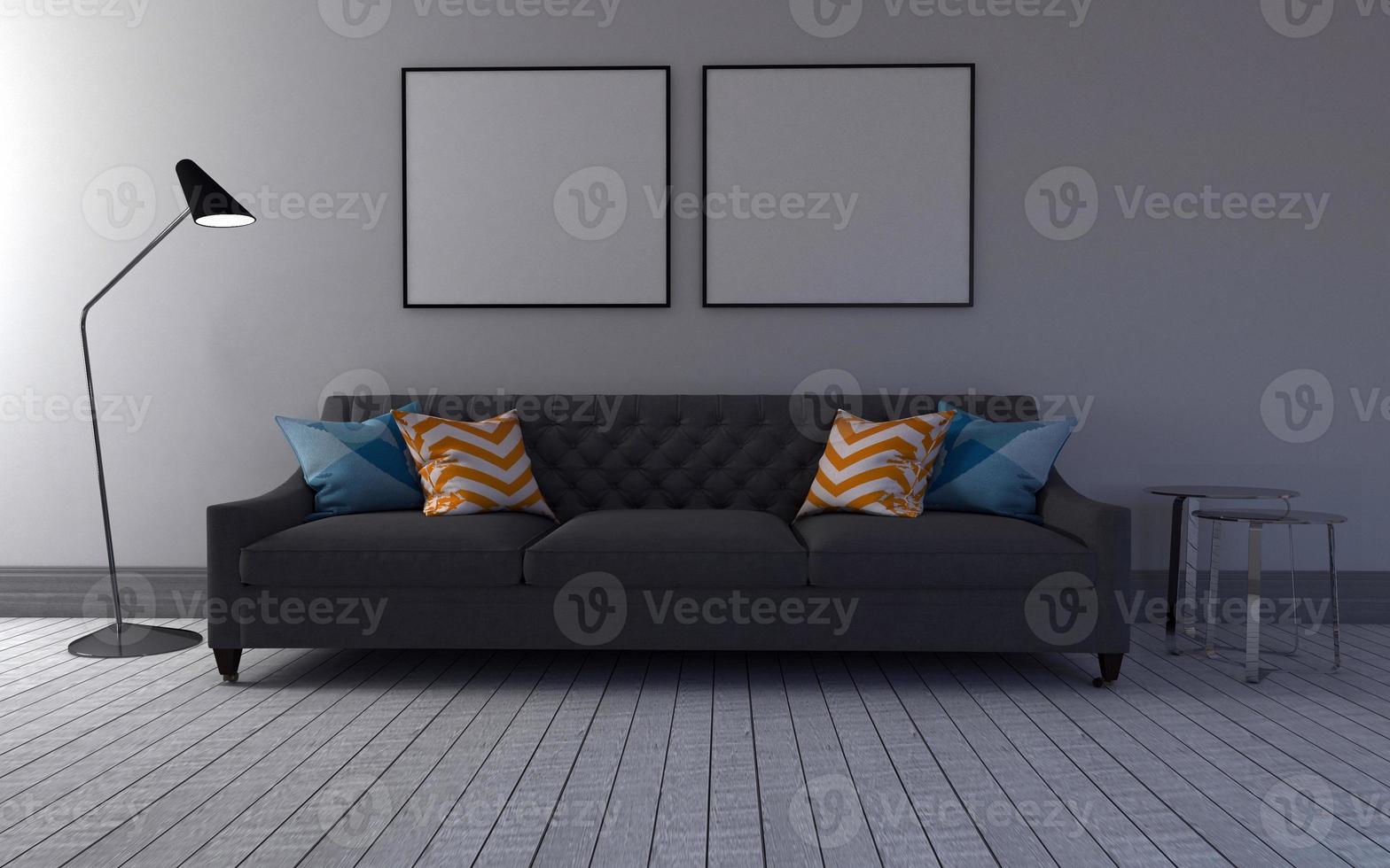 realistische mockup van 3D-weergave van interieur van moderne woonkamer met bank - bank en tafel foto