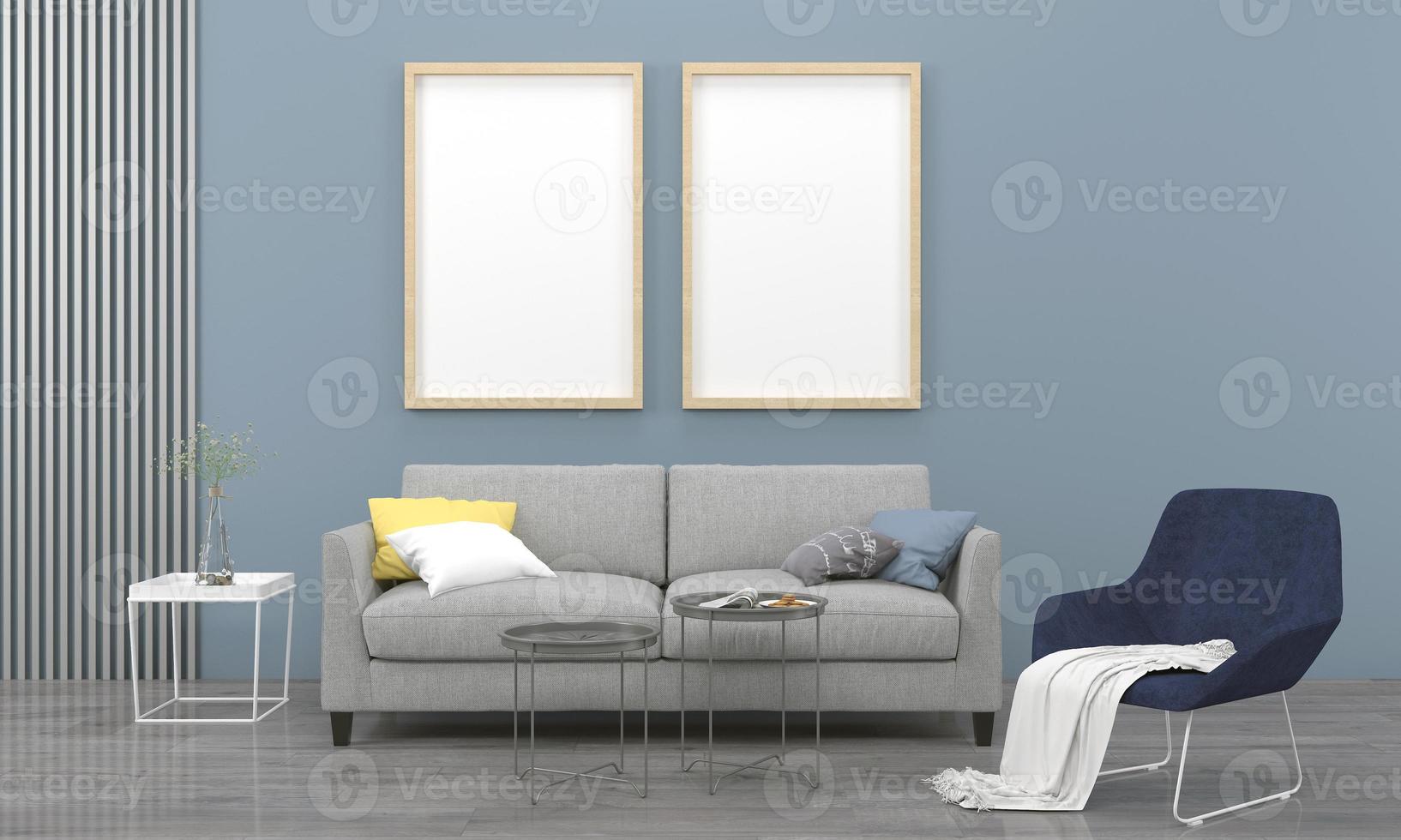 realistische mockup 3D-gerenderde interieur van moderne woonkamer met bank - bank en tafel foto