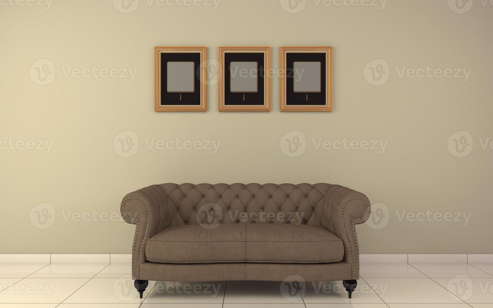 3D-gerenderd van interieur moderne woonkamer met bank - bank en tafel realistische mockup foto