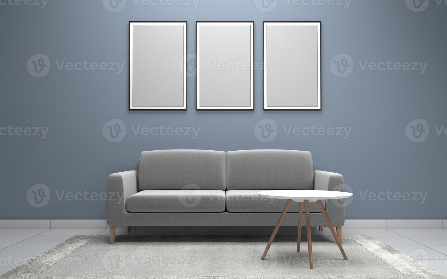 3D-gerenderd van interieur moderne woonkamer met bank - bank en tafel realistische mockup foto