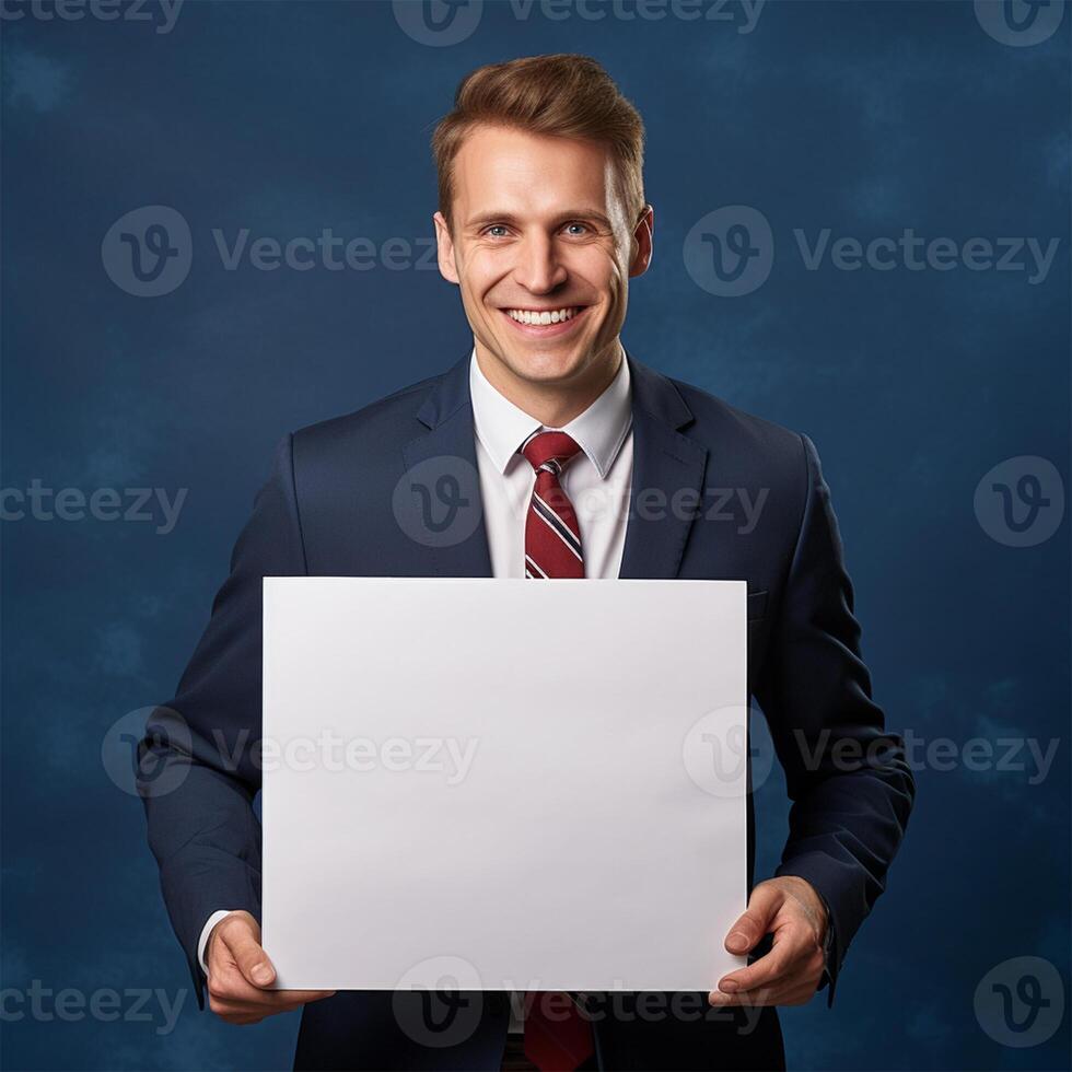 ai gegenereerd glimlachen jong zakenman Holding blanco vel van papier, over- blauw achtergrond foto