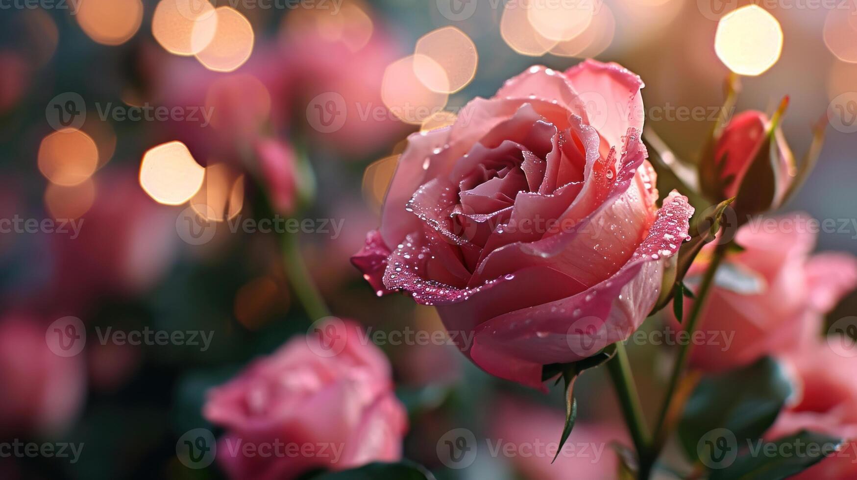 ai gegenereerd met dauw gekust straling roze rozen in gouden licht foto