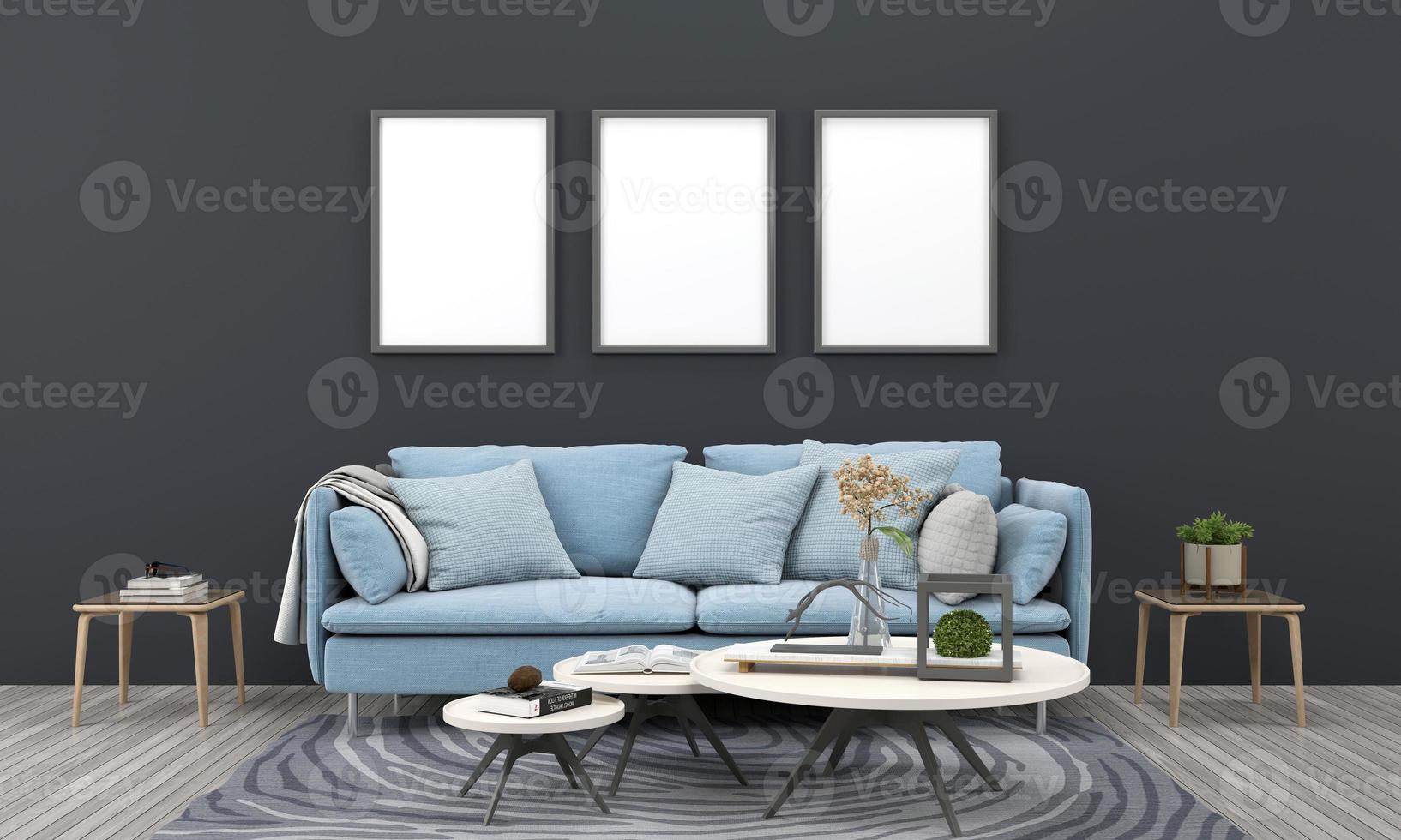 realistische mockup 3D-gerenderde interieur van moderne woonkamer met bank - bank en tafel foto